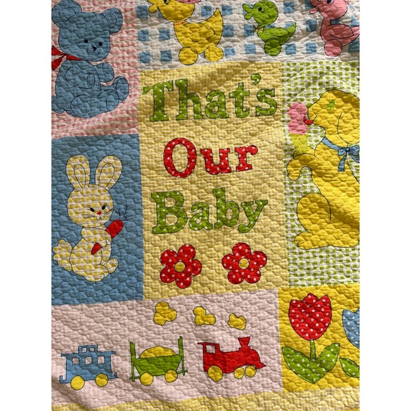 Thats Our Baby Princess Fabric Baby Blanket Quilt Yellow Bear Duck Train Flower - Picture 4 of 7